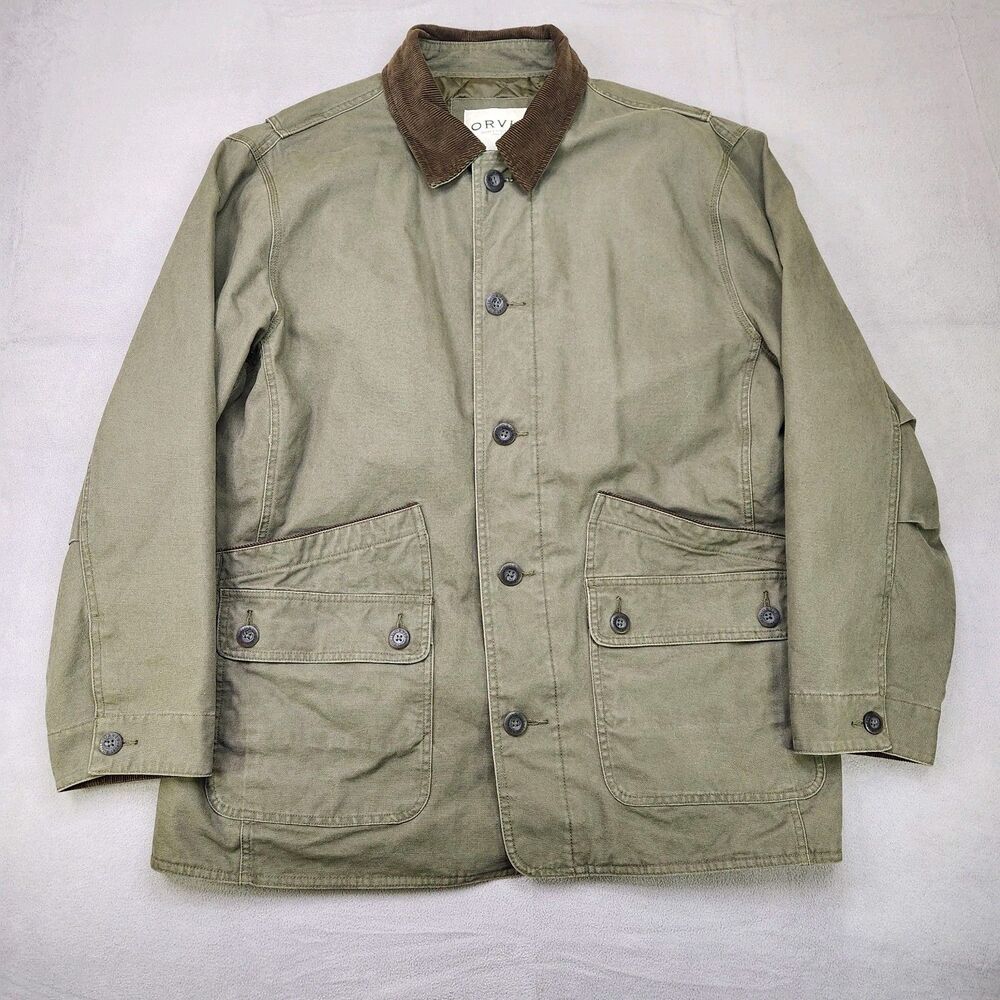 Orvis Field Jacket Men's XL Green Canvas Chore Barn Coat Quilted Lined Utility
